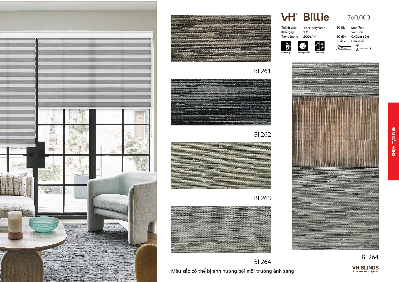 Rèm cầu vồng VH bảng màu Billie phòng khách BI 264