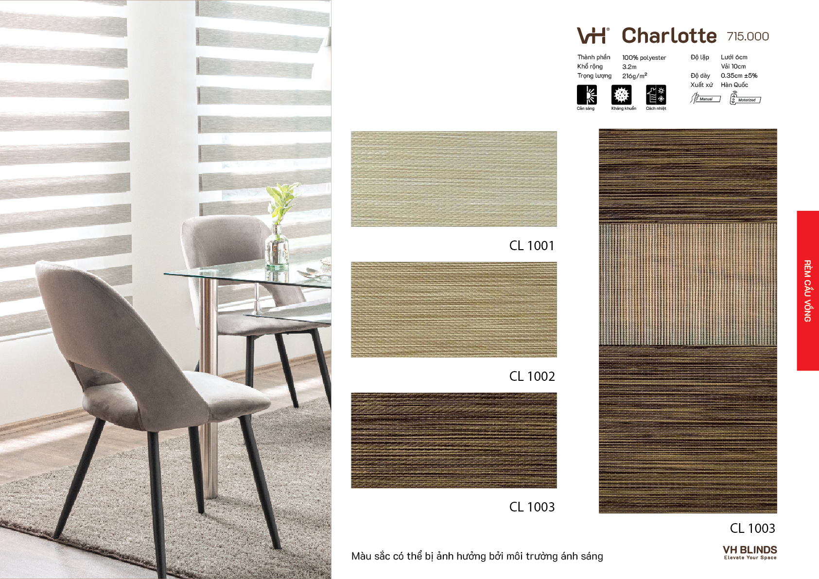 Rèm cầu vồng VH bảng màu Charlotte phòng ăn CL 1003