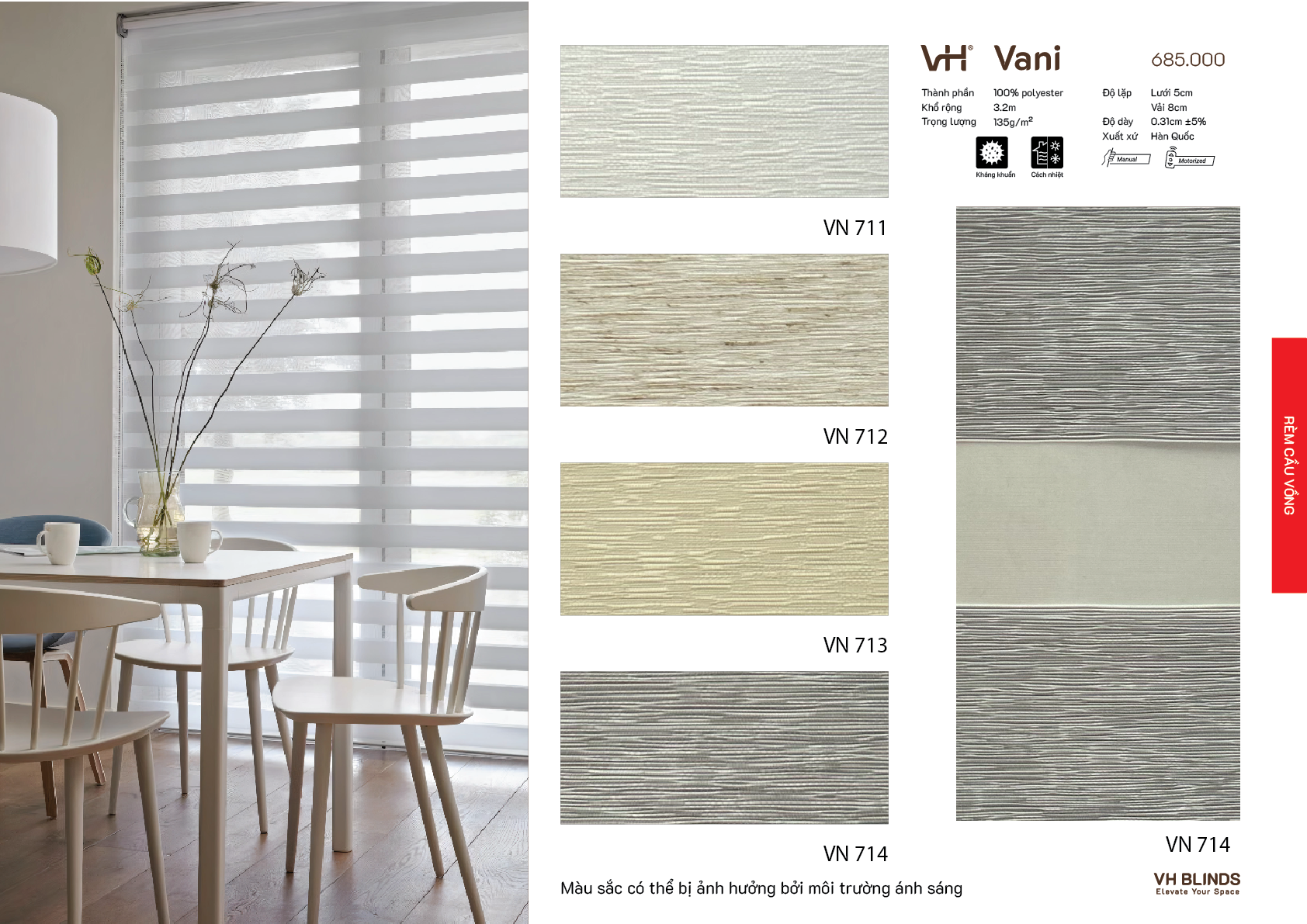 Rèm cầu vồng VH bảng màu Vani phòng ăn VN 714
