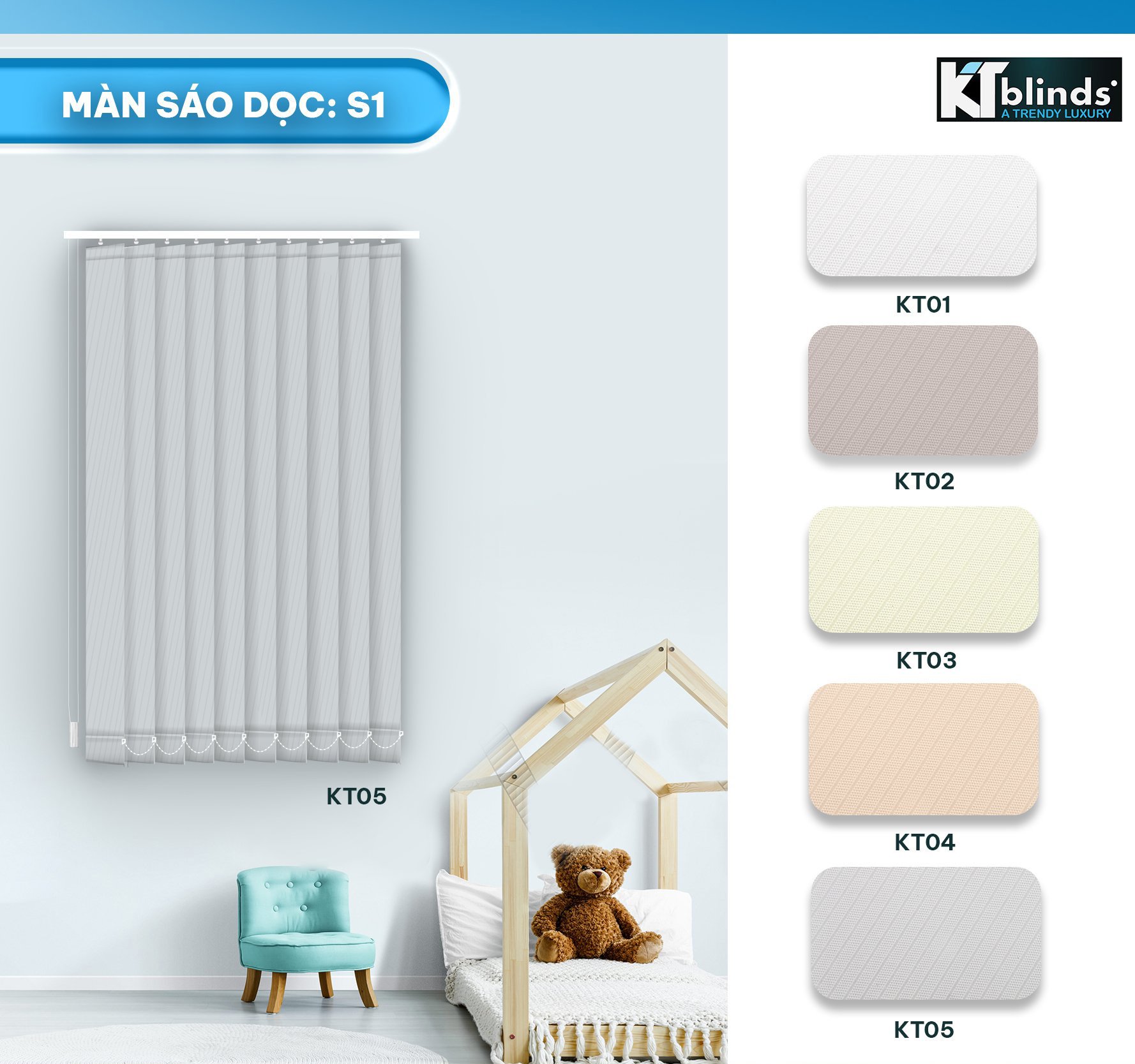 Rèm sáo dọc phòng trẻ em màu xám nhạt KT KT05