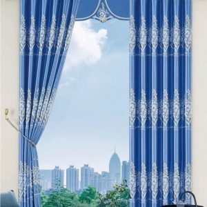 Vải gấm hoa văn cành hoa nhỏ dọc xanh dương