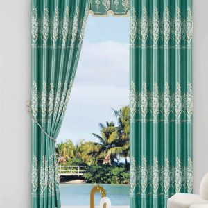 Vải gấm hoa văn cành hoa nhỏ dọc xanh ngọc