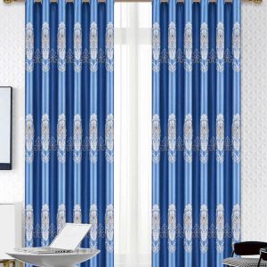 Vải gấm hoa văn damask cuộn lá xanh dương