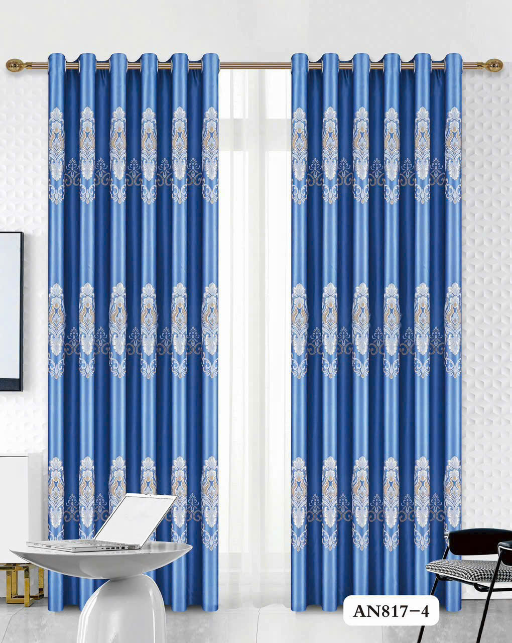 Vải gấm hoa văn damask cuộn lá xanh dương