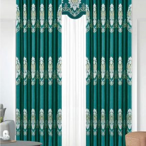 Vải gấm hoa văn damask cuộn lá xanh ngọc