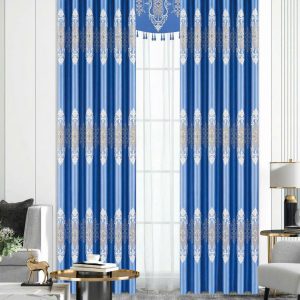 Vải gấm hoa văn huy chương oval baroque xanh dương