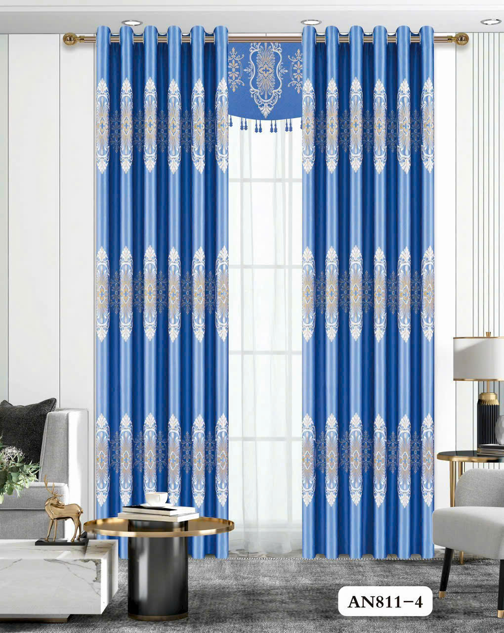 Vải gấm hoa văn huy chương oval baroque xanh dương