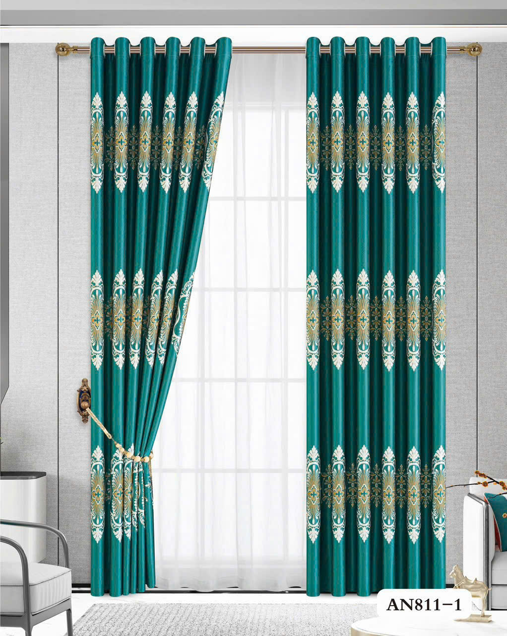 Vải gấm hoa văn huy chương oval baroque xanh ngọc