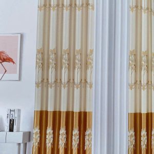 Vải hoa văn HT cành lá hoa Art Nouveau kem vàng đồng