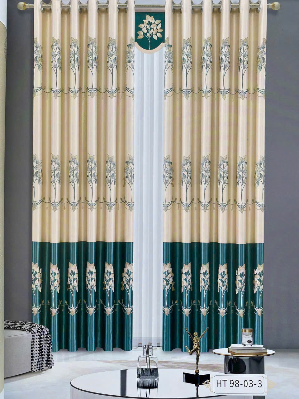 Vải hoa văn HT cành lá hoa Art Nouveau kem xanh lá đậm