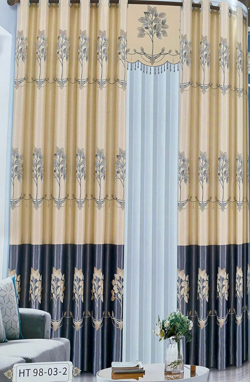 Vải hoa văn HT cành lá hoa Art Nouveau kem xanh xám