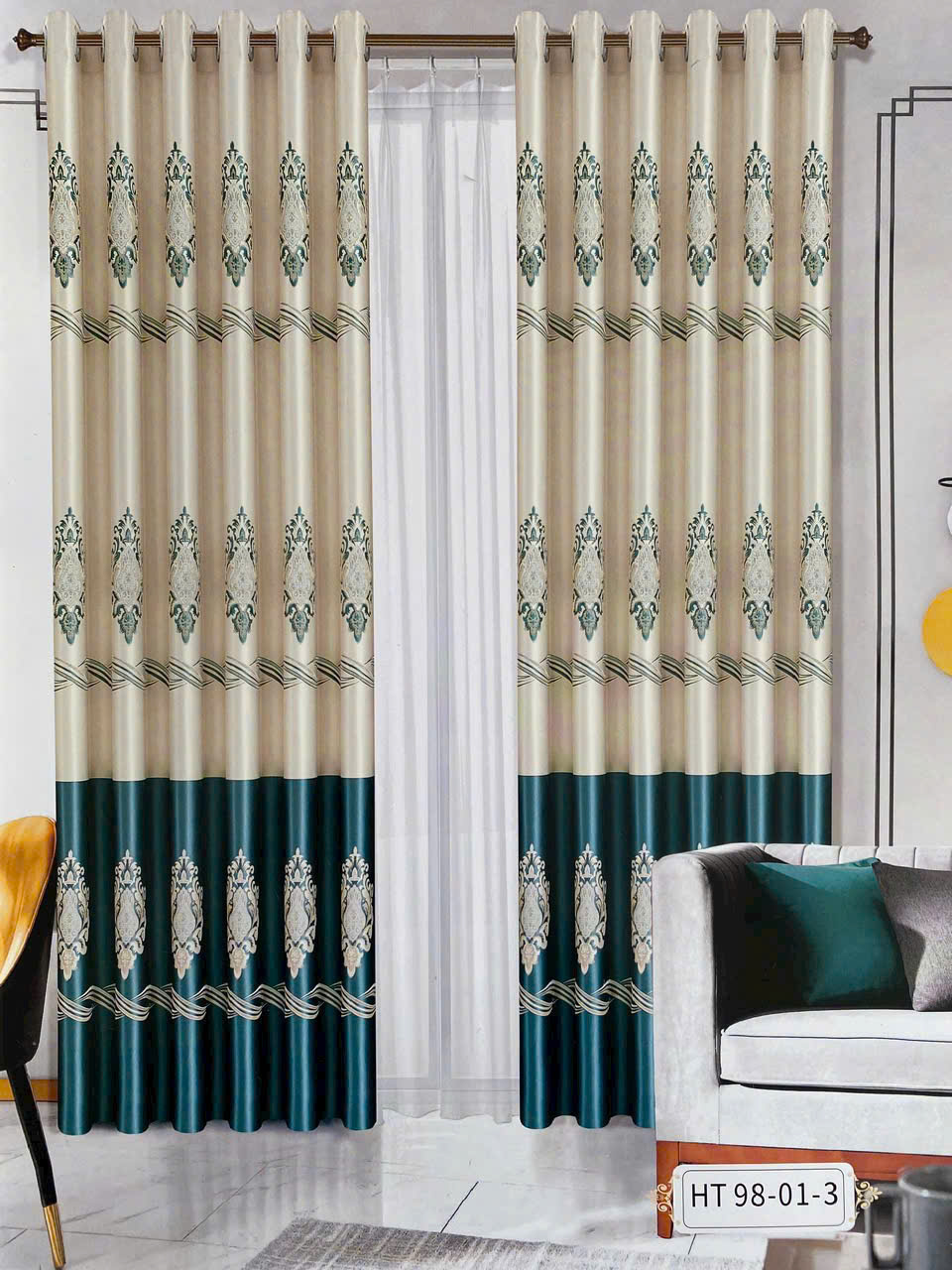 Vải hoa văn HT huy chương baroque sóng kem xanh lá đậm