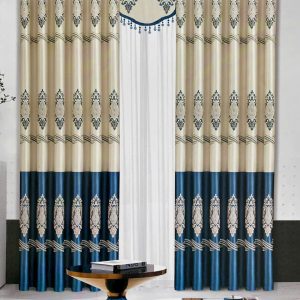 Vải hoa văn HT huy chương baroque sóng kem xanh navy