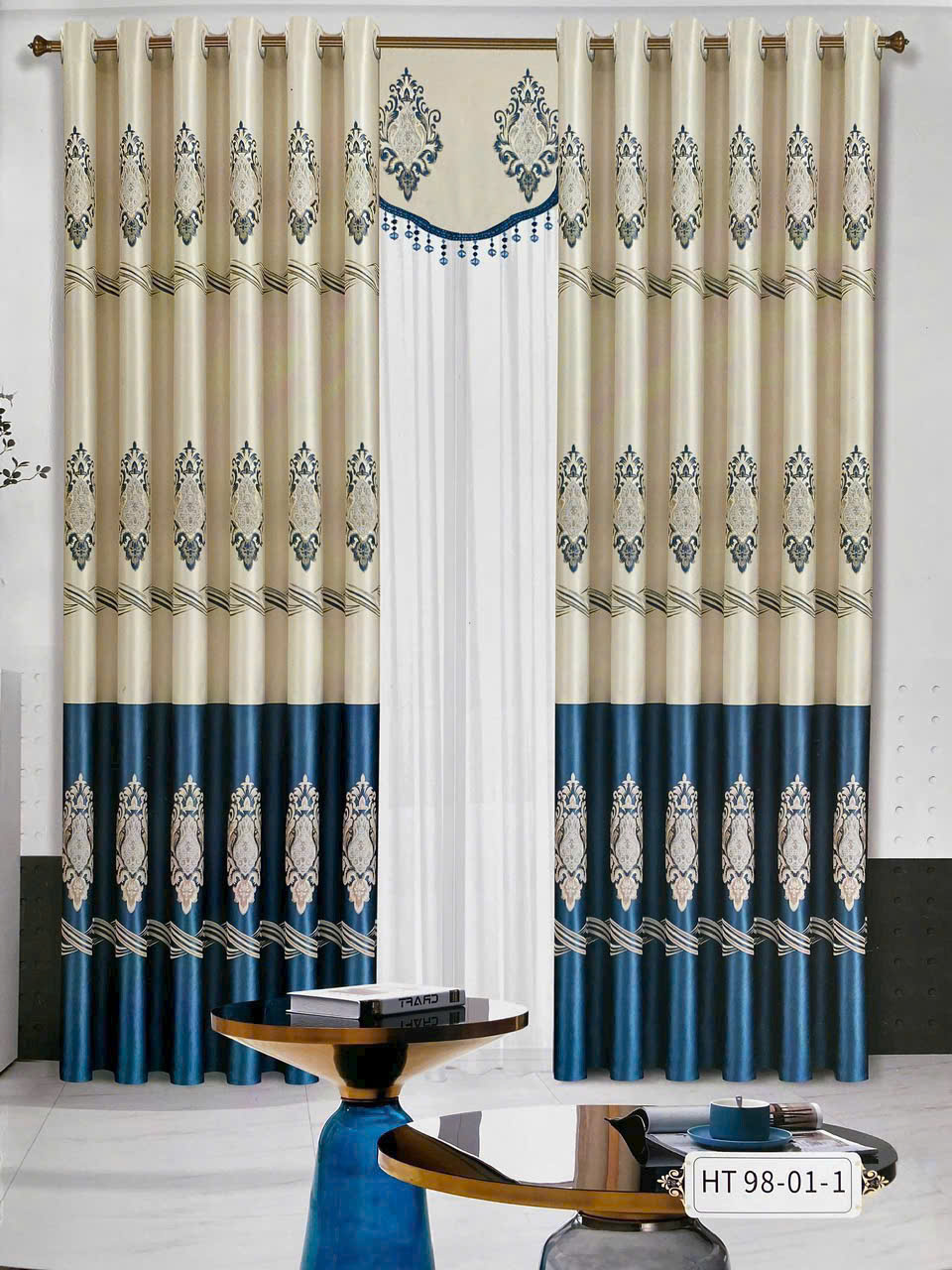 Vải hoa văn HT huy chương baroque sóng kem xanh navy