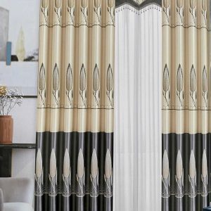 Vải hoa văn HT nụ hoa tulip nhọn kem xám đen