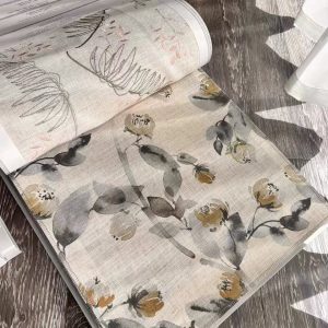Vải in hoa mẫu đơn vàng xám nền be