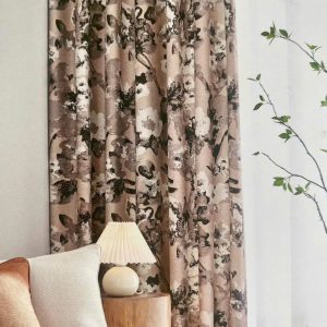 Vải in hoa tranh mực xám nâu nền taupe