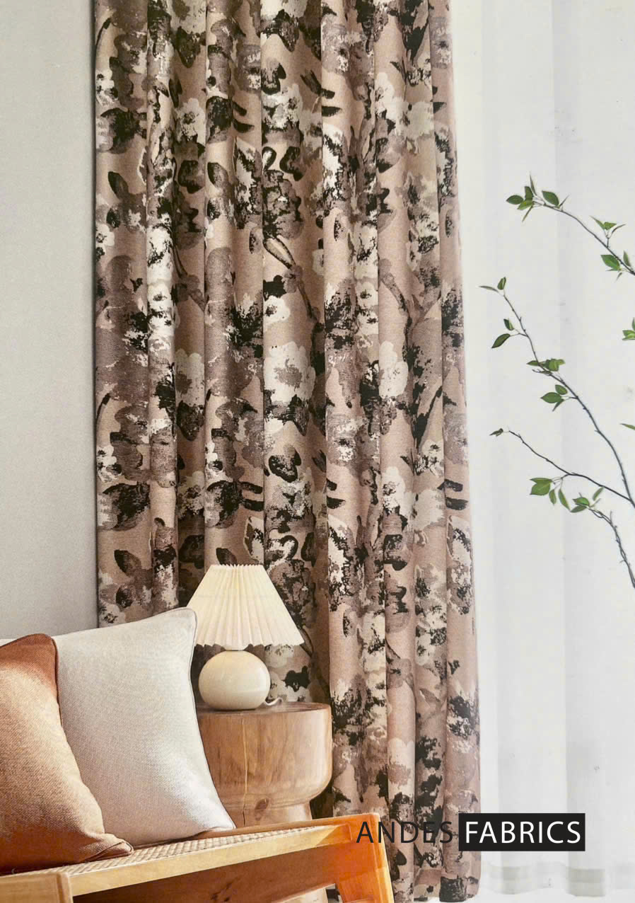Vải in hoa tranh mực xám nâu nền taupe