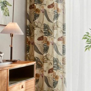 Vải in lá monstera đen ô liu nền kem