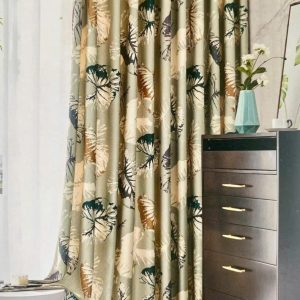 Vải in lá to đa màu nền xanh sage
