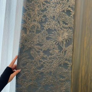 Vải jacquard thêu cảnh rừng nhiệt đới chim thú màu xanh dương