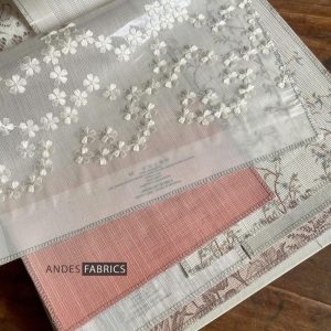 Vải voan thêu cành hoa anh đào trắng